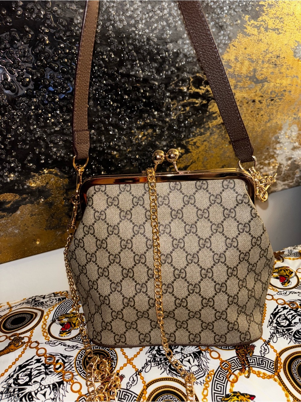 Brand New  !! Beige GG Monogram Frame-Top Shoulder Bag Read 👇